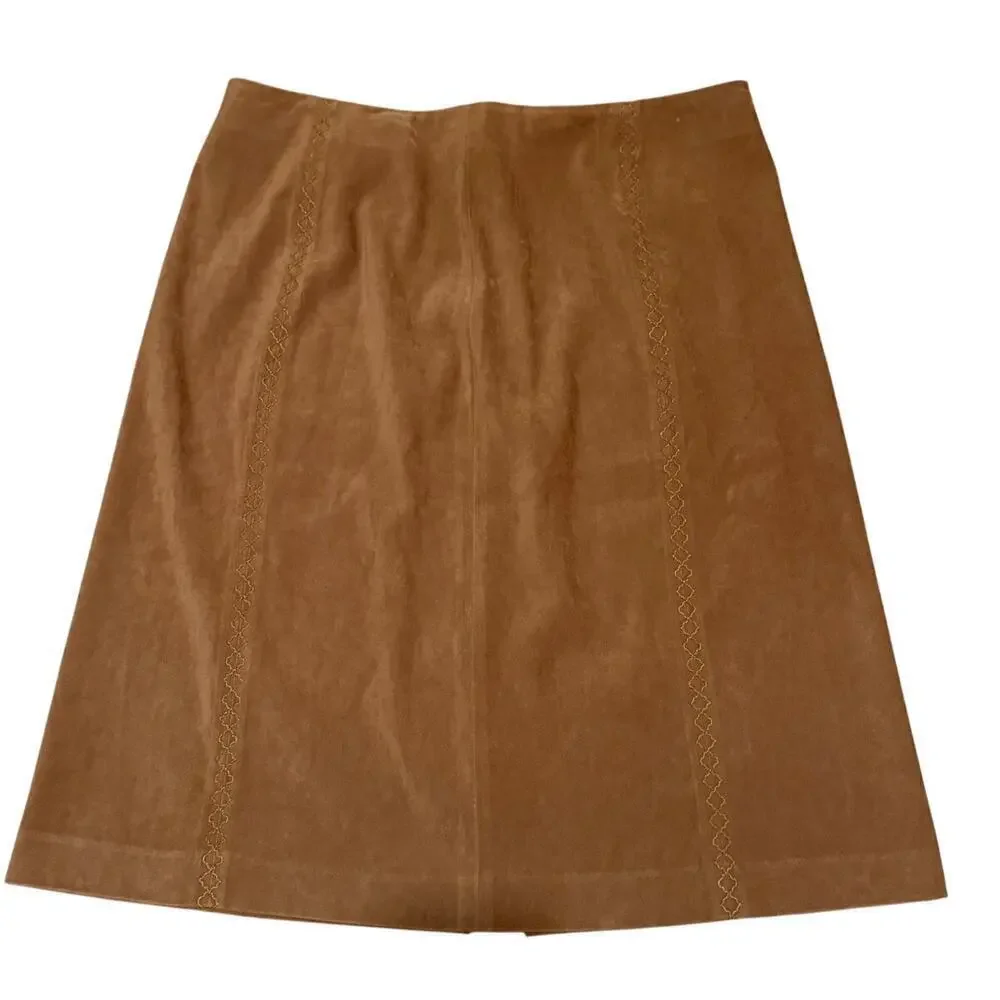 Talbots Vintage 90s Tan A Line Vegan Suede Embroidered Boho Skirt 14 Camel Brown